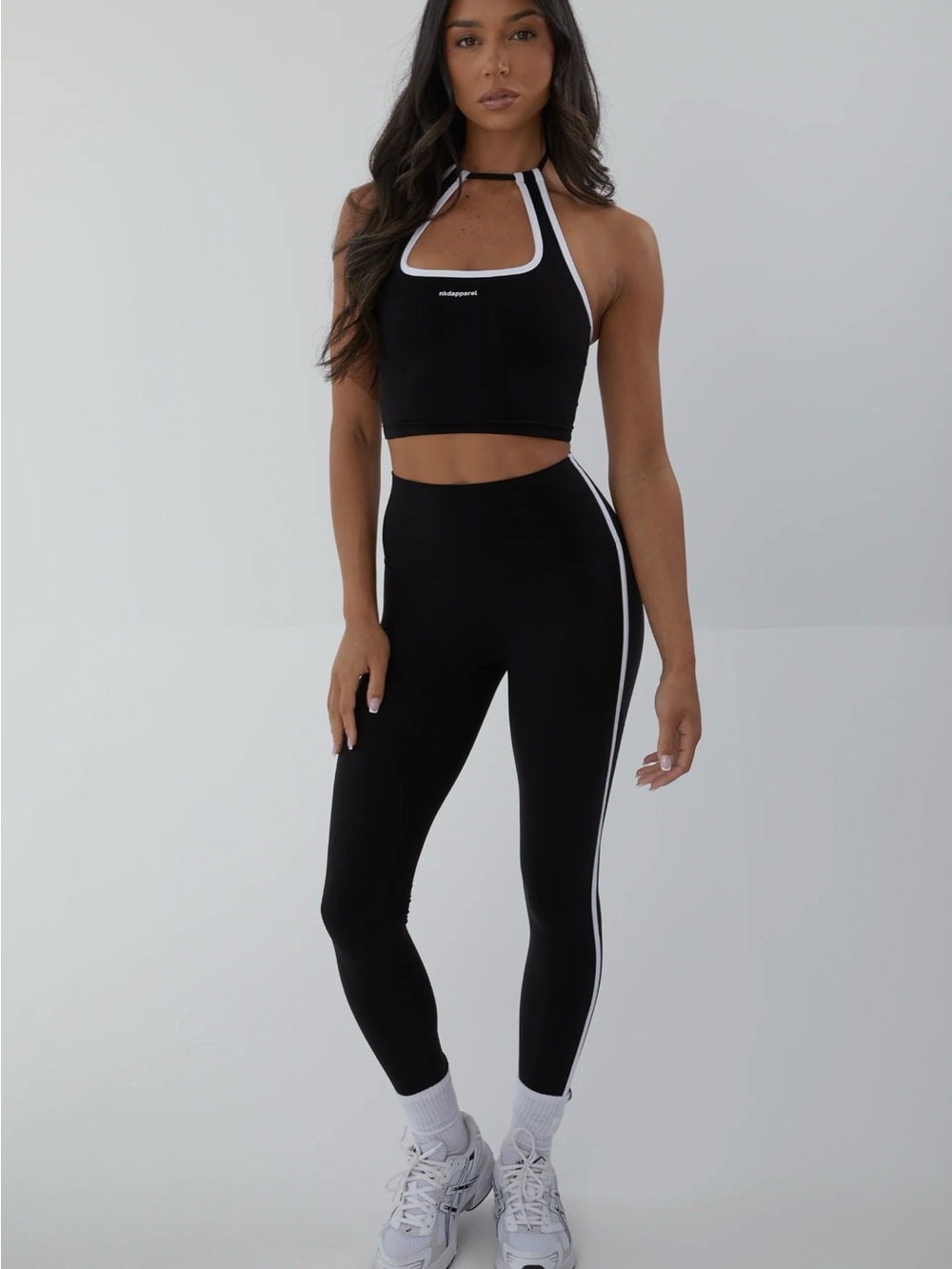 NKDAPPAREL Black Cutout Halter Crop Top with White Trim and leggings set